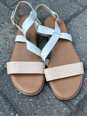 Cole Haan White and Tan Strappy Flat Sandals